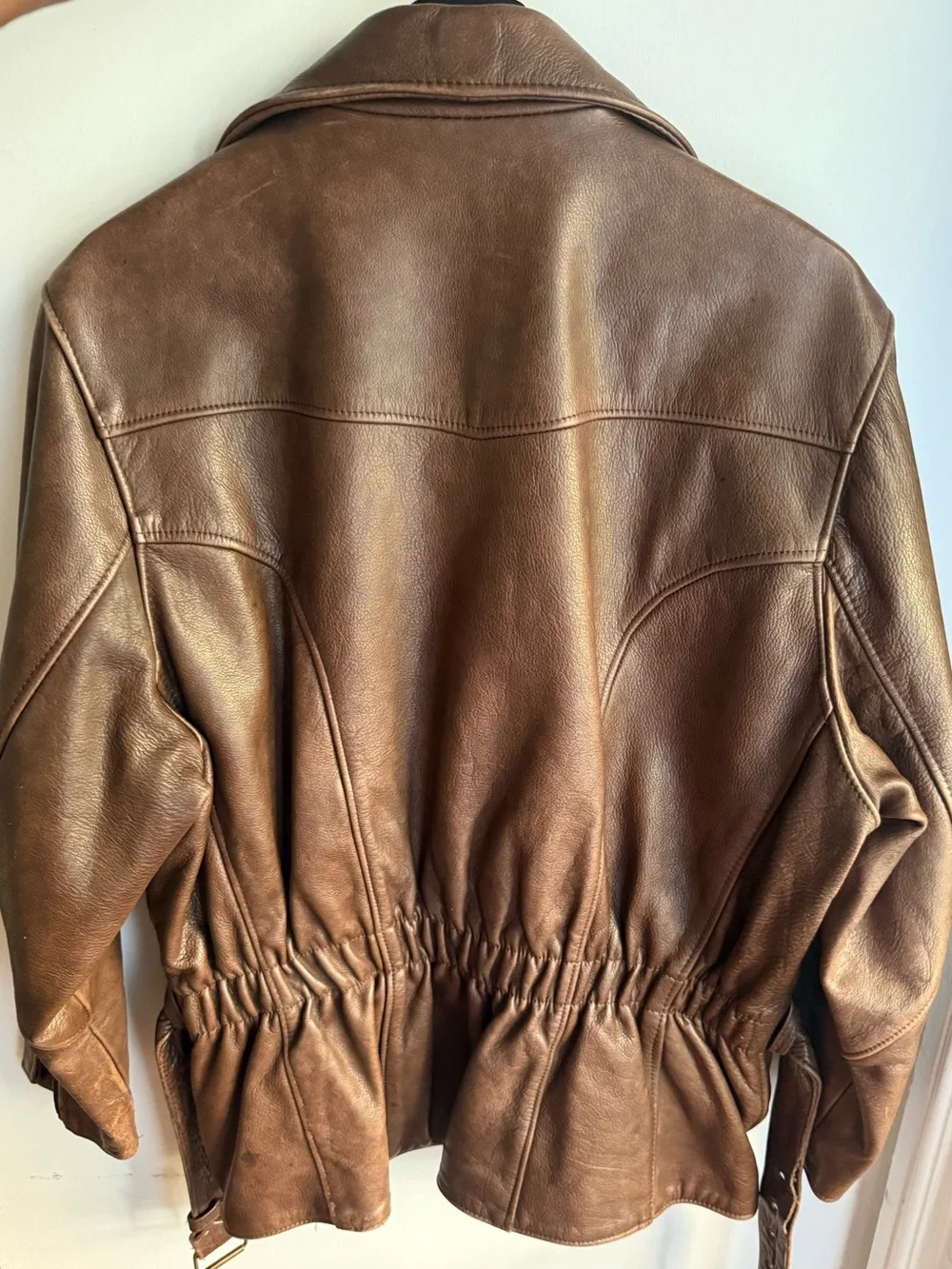 Vintage Gil Bret Brown Leather Belted Moto Jacket Distressed Biker Coat - Picture 8 of 13
